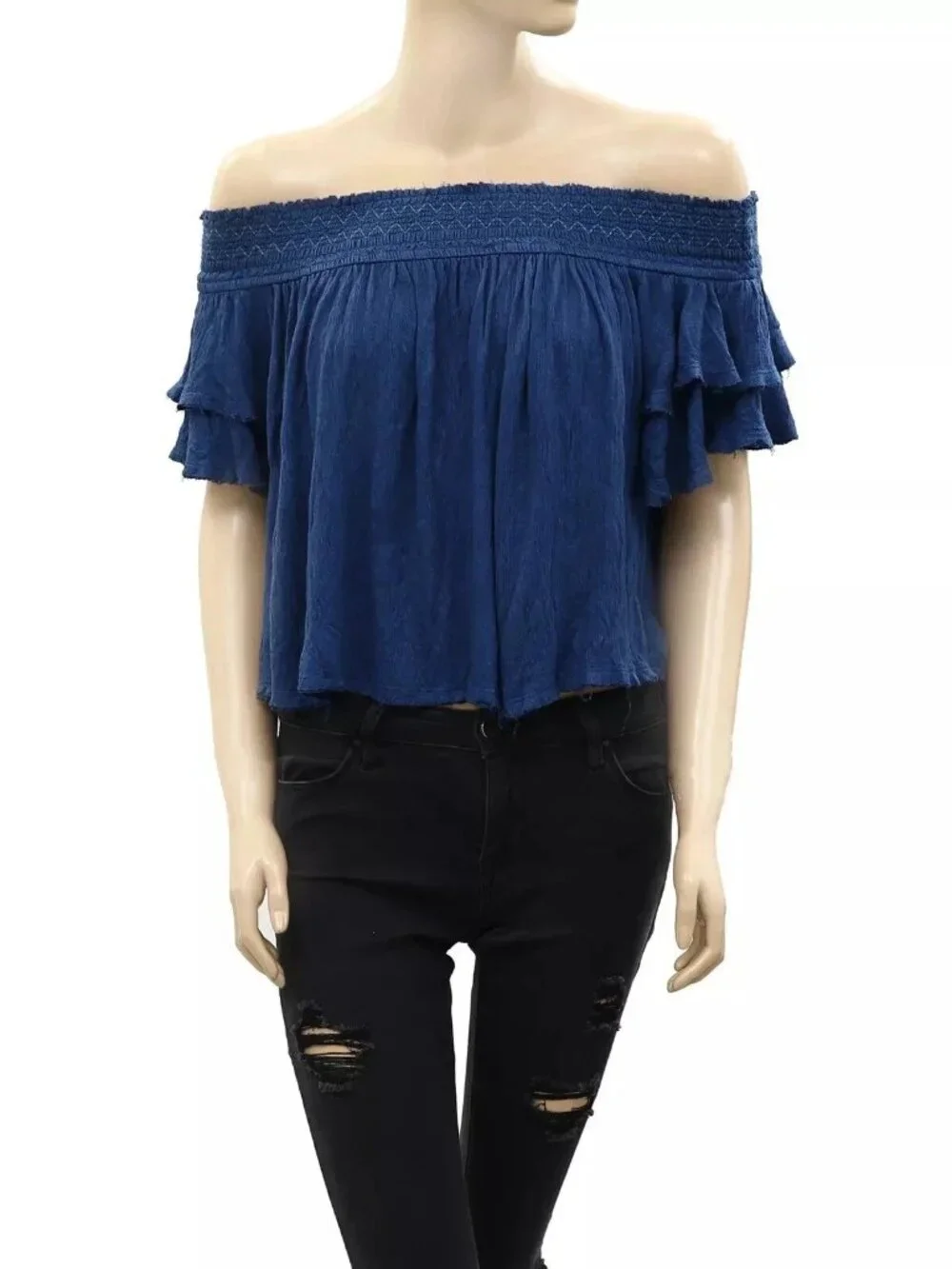 Free People Blue Santorini Off The Shoulder Blouse Top Ruffle Smocked S 290322